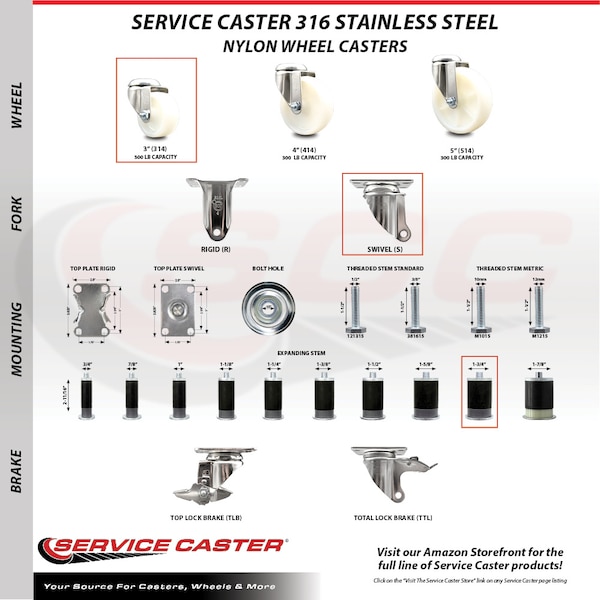 Service Caster 3 Inch 316SS Nylon Wheel Swivel 1-3/4 Inch Expanding Stem Caster SCC-SS316EX20S314-NYS-134 - main